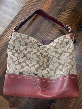Coach Khaki Canvas and Brown Leather Hobo